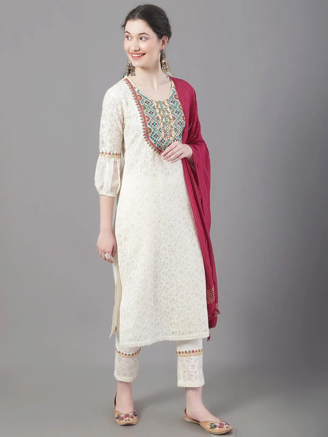 Women Ethnic Motifs Yoke Design Thread Work Pure Cotton Kurta With Trousers & Dupatta