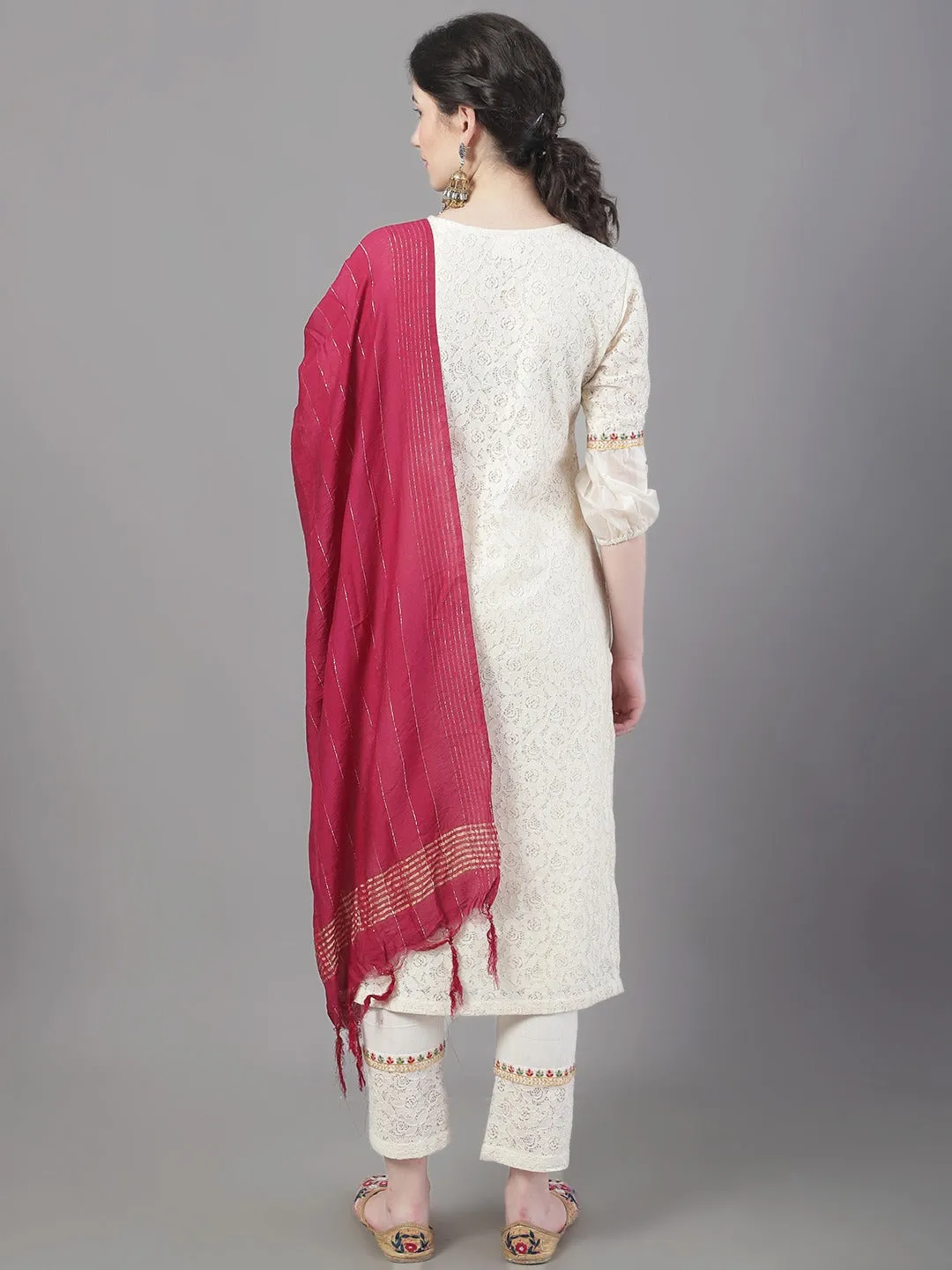 Women Ethnic Motifs Yoke Design Thread Work Pure Cotton Kurta With Trousers & Dupatta