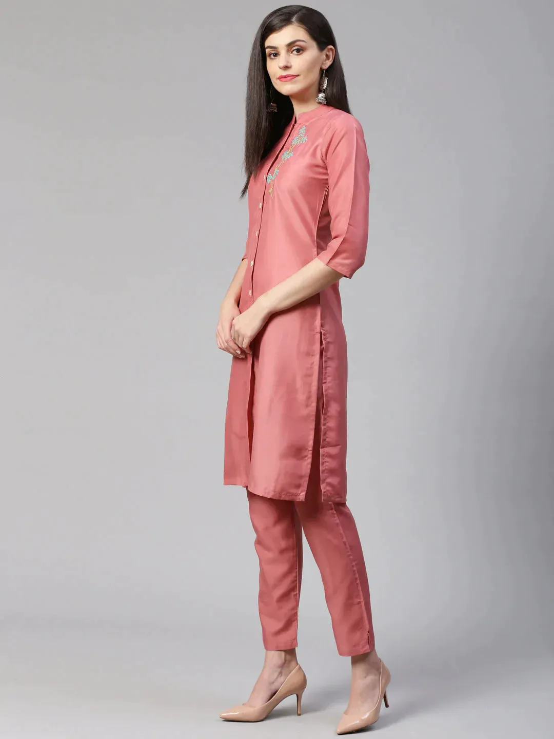 Women Pink Embroidered Solid Kurta With Trousers