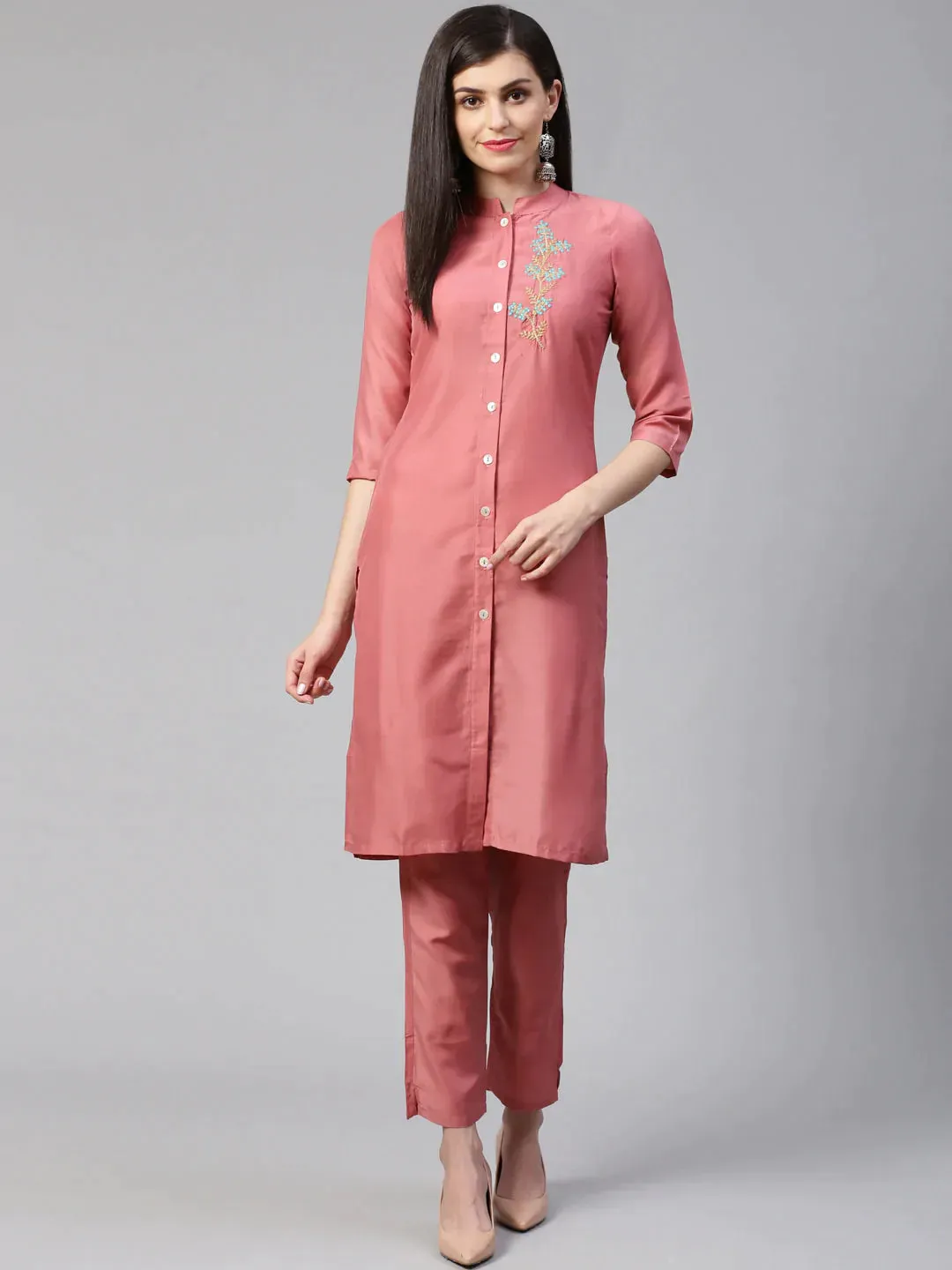 Women Pink Embroidered Solid Kurta With Trousers