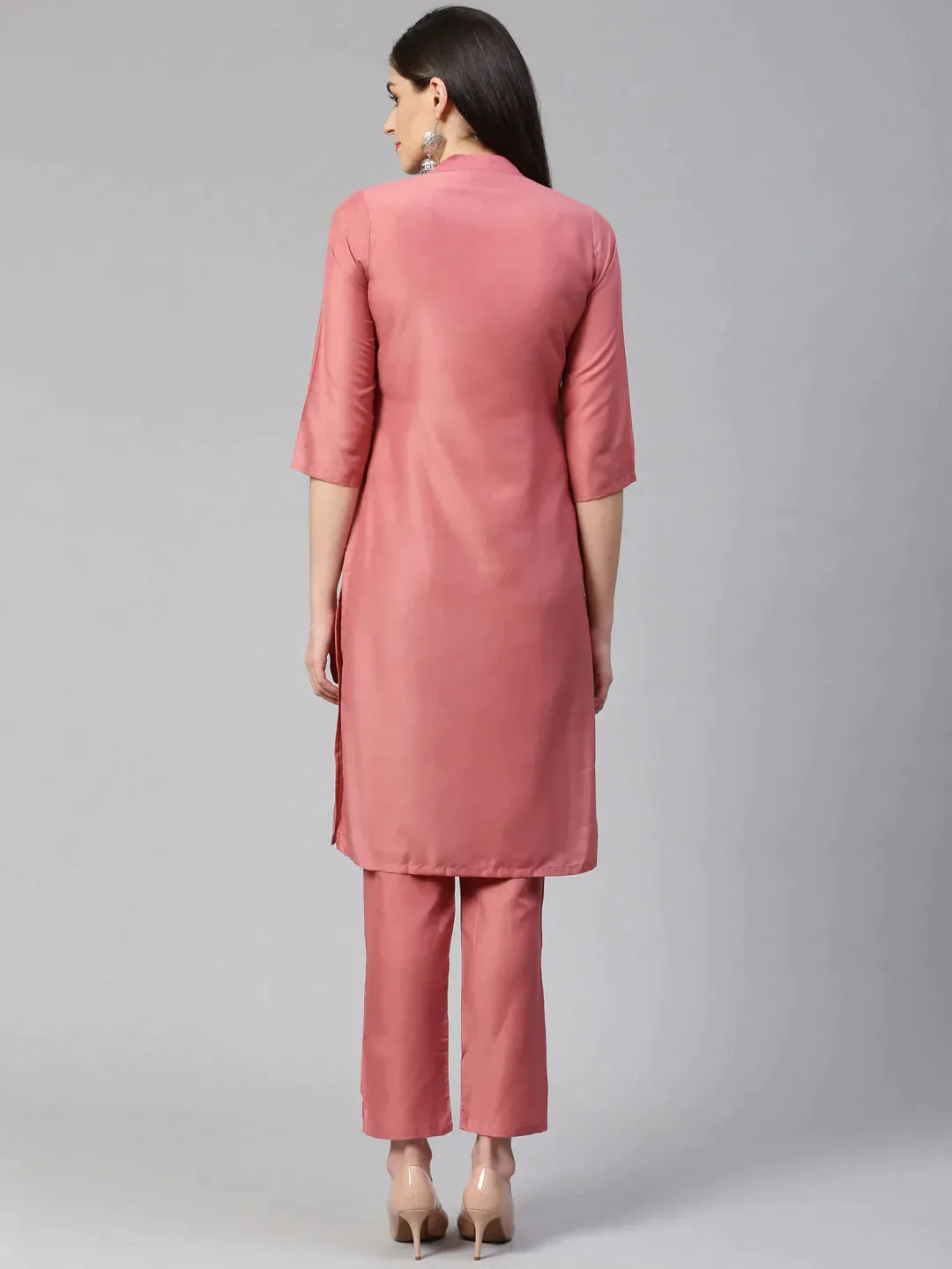 Women Pink Embroidered Solid Kurta With Trousers