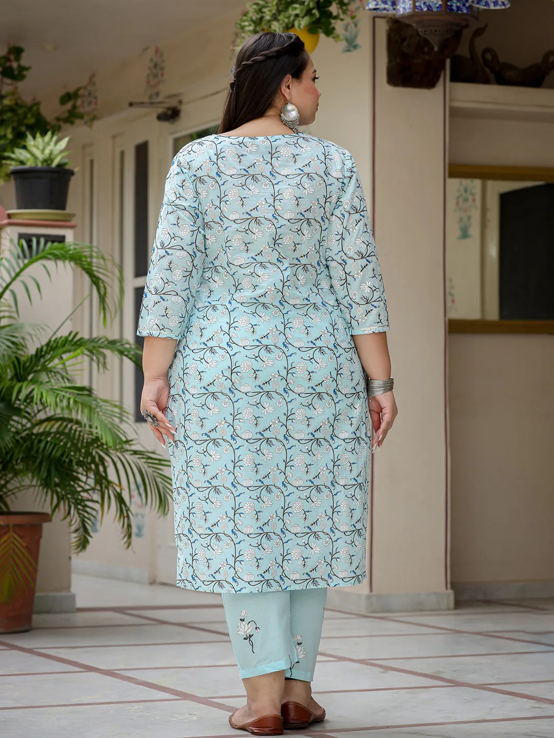 Women Plus Size Sky Blue Pure Cotton Kurta Set With Dupatta