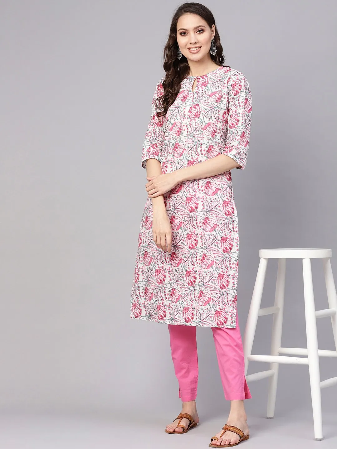 Women White & Pink Printed Kurta With Trousers