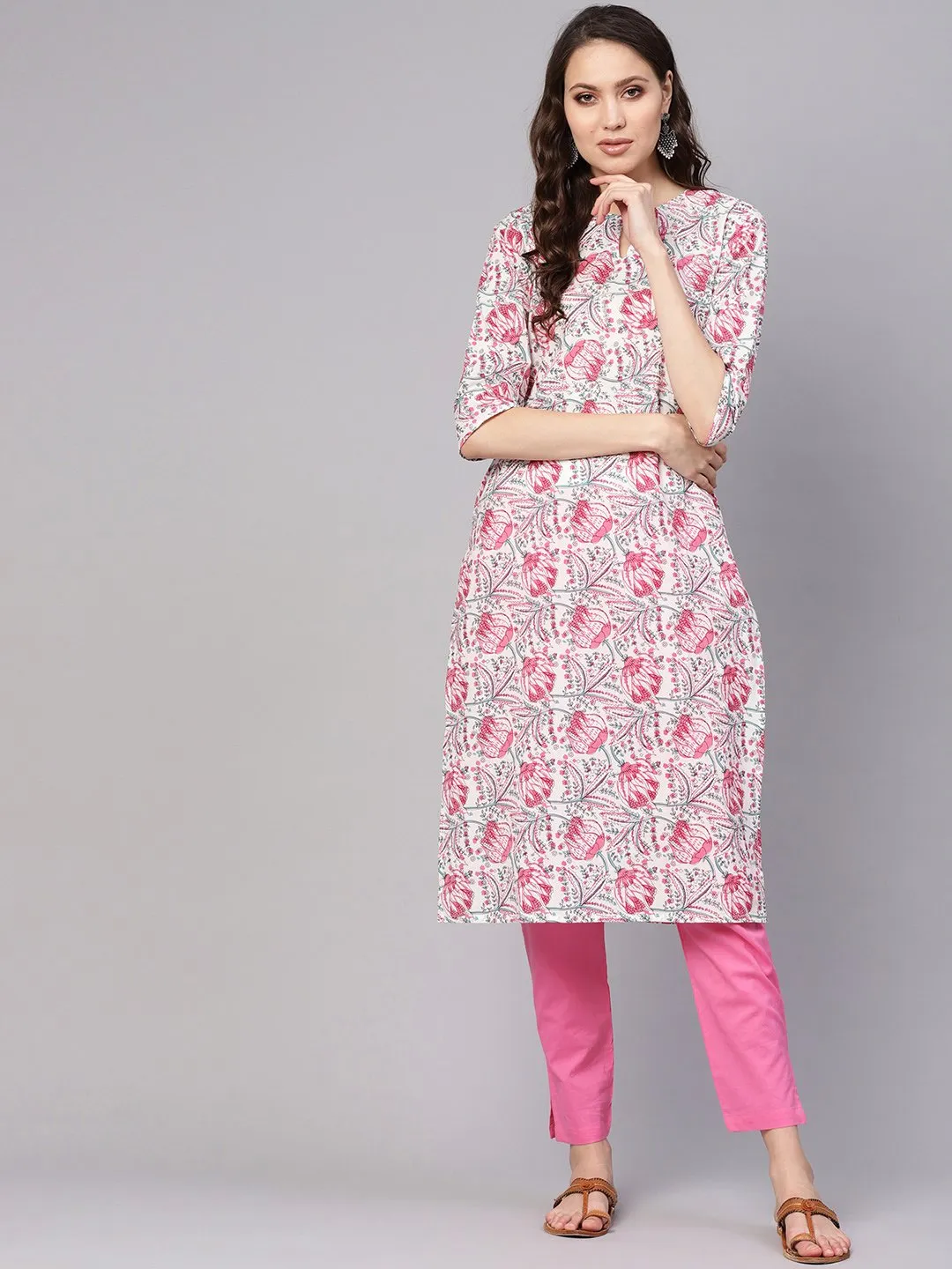 Women White & Pink Printed Kurta With Trousers