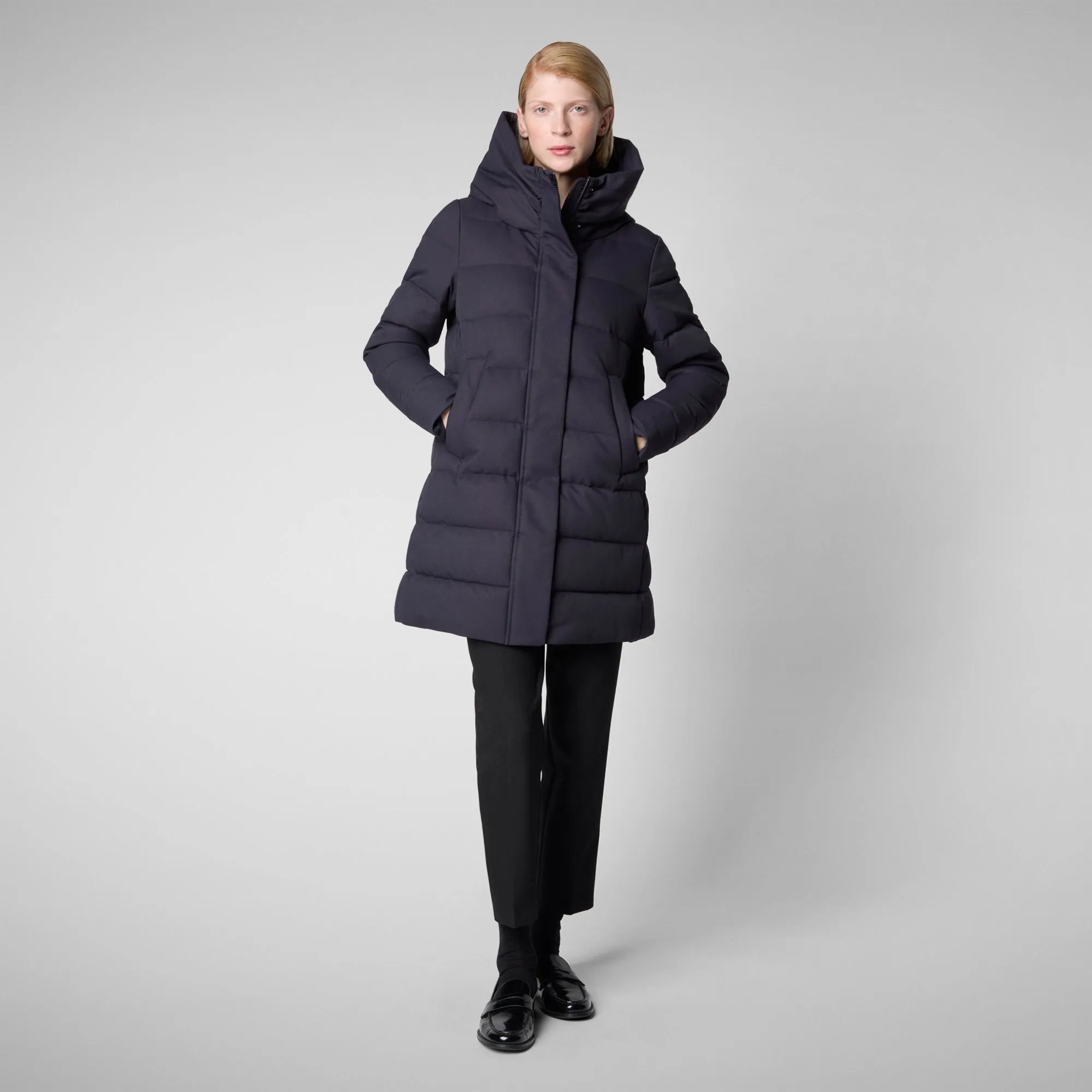 Women's Hooded Animal free Puffer Coat Tatiana in Blue Black