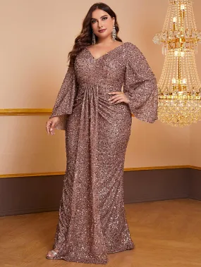 Women's Sequin Long Sleeved V-neck Pleated Dress