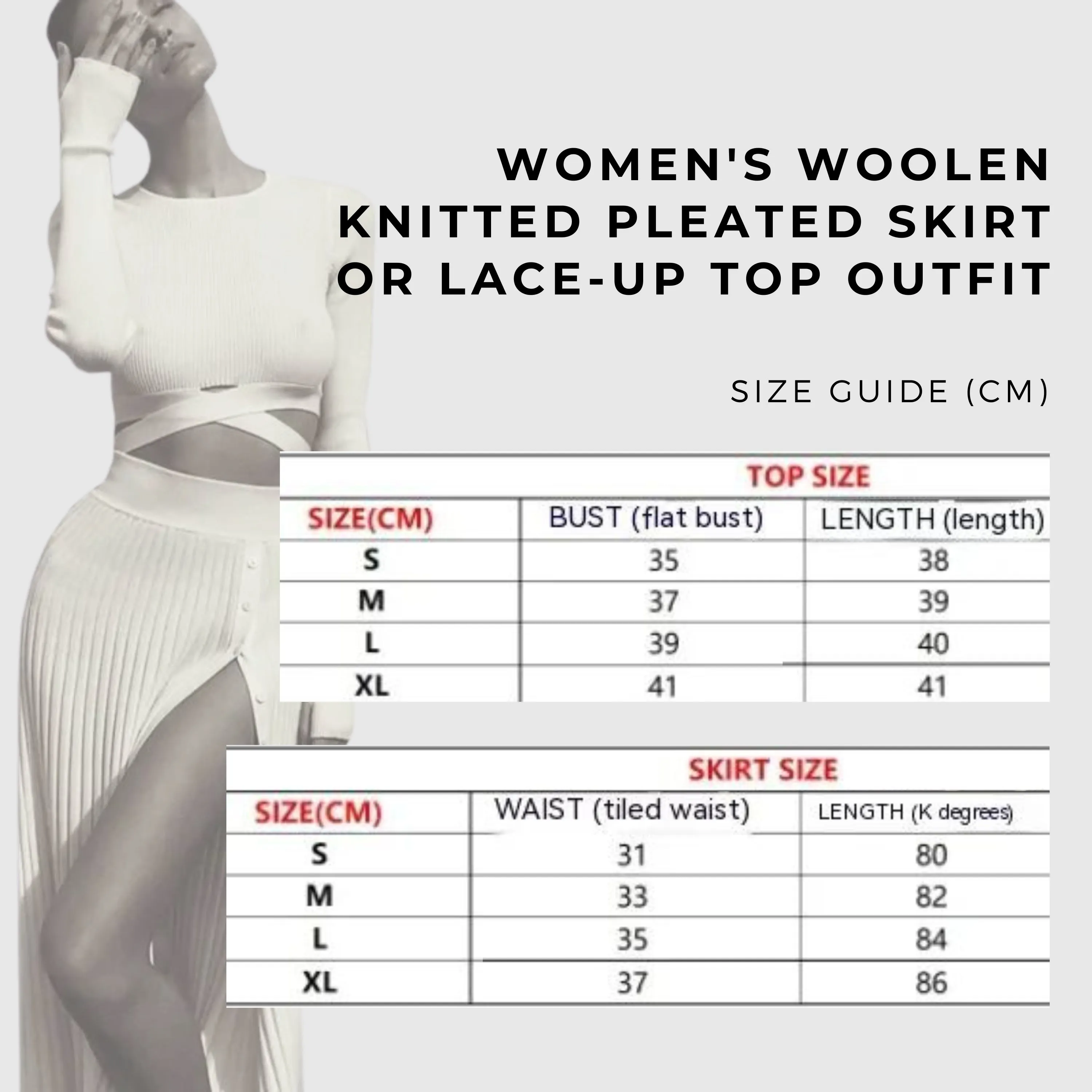 Women's Woolen Knitted Pleated Skirt or Lace-up Top Outfit