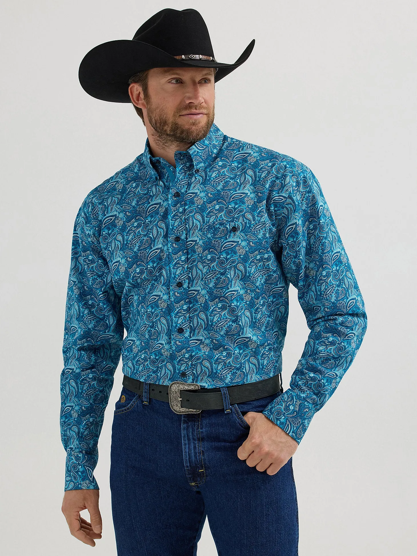 Wrangler Men's George Strait Long Sleeve Button Down Shirt- Teal Bold Paisley