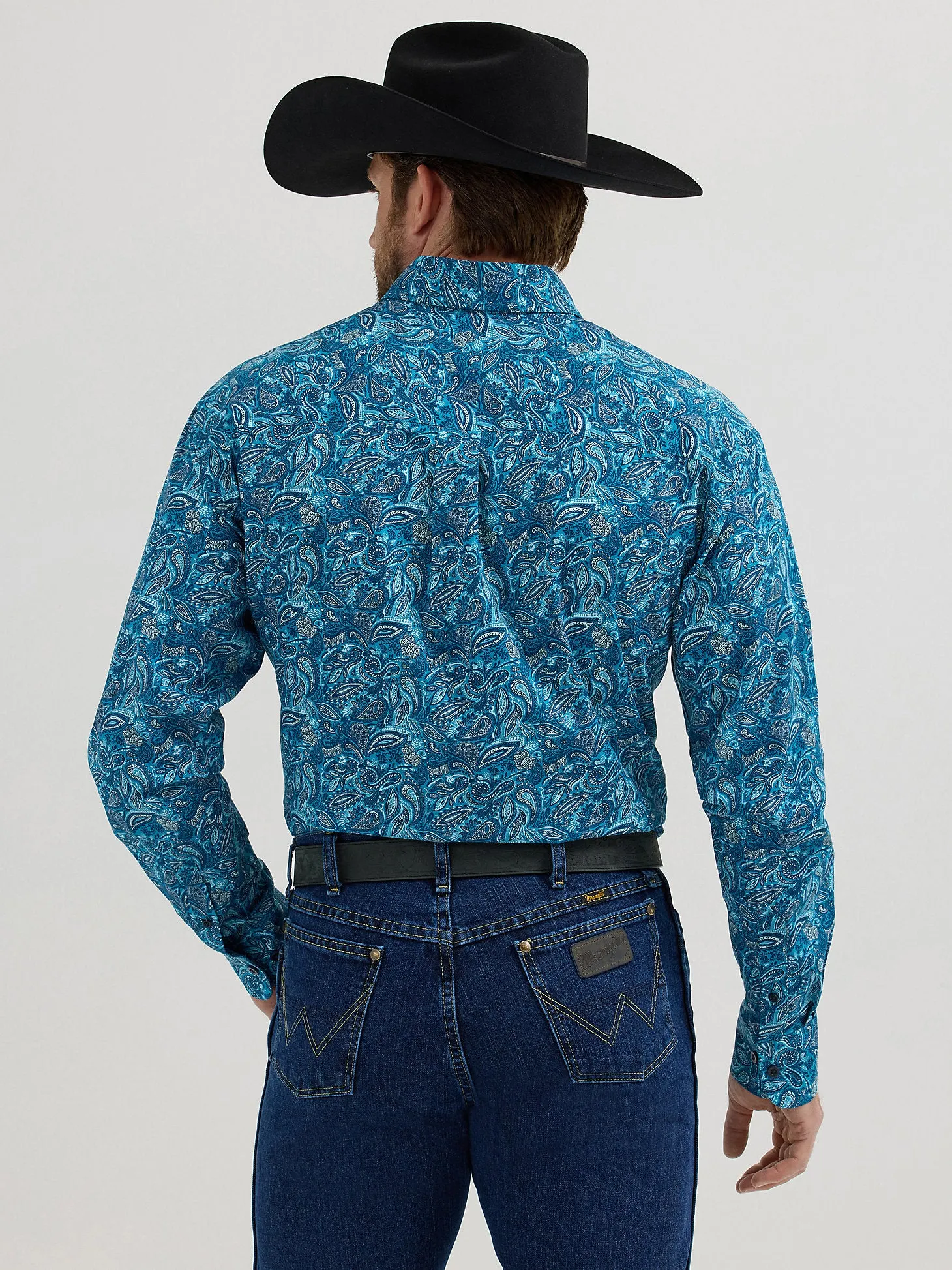 Wrangler Men's George Strait Long Sleeve Button Down Shirt- Teal Bold Paisley