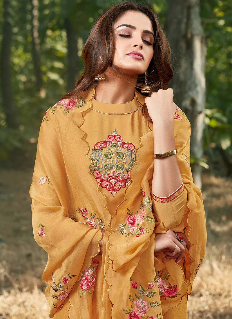 Yellow Embroidered Cotton Silk Pants Style Suit