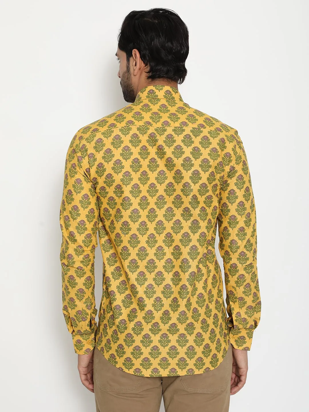 Yellow Full Sleeve Cotton Hand Block Printed Men’s Shirt