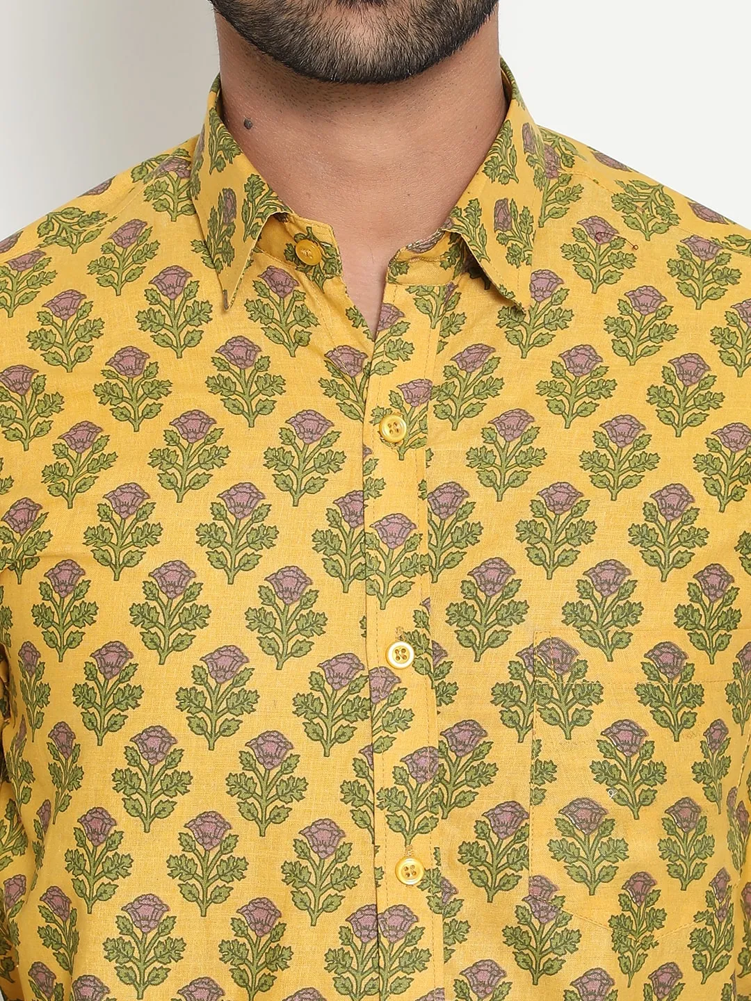 Yellow Full Sleeve Cotton Hand Block Printed Men’s Shirt