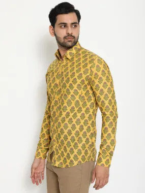 Yellow Full Sleeve Cotton Hand Block Printed Men’s Shirt