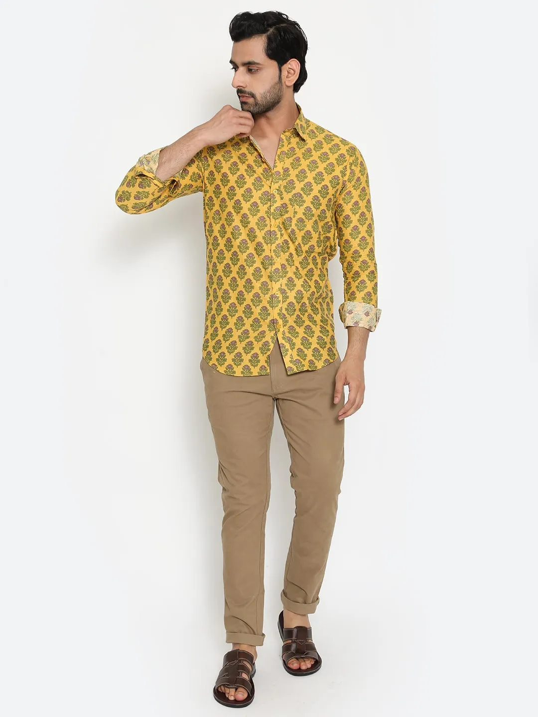 Yellow Full Sleeve Cotton Hand Block Printed Men’s Shirt